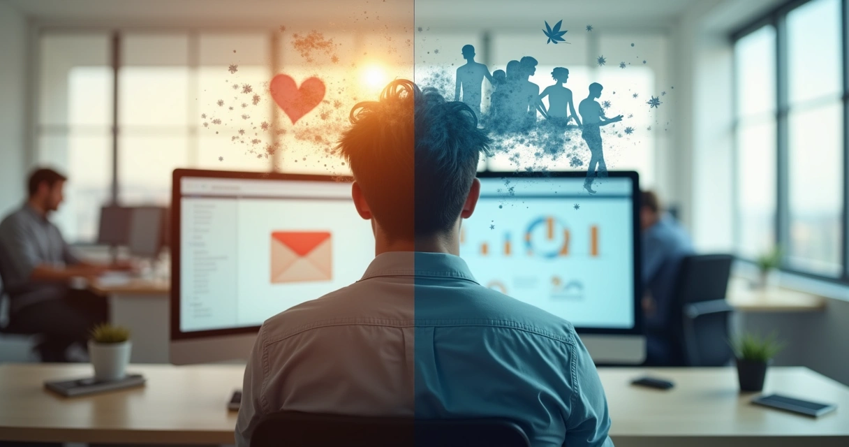 Profesional en oficina dividido entre valores conscientes e inconscientes en el trabajo 