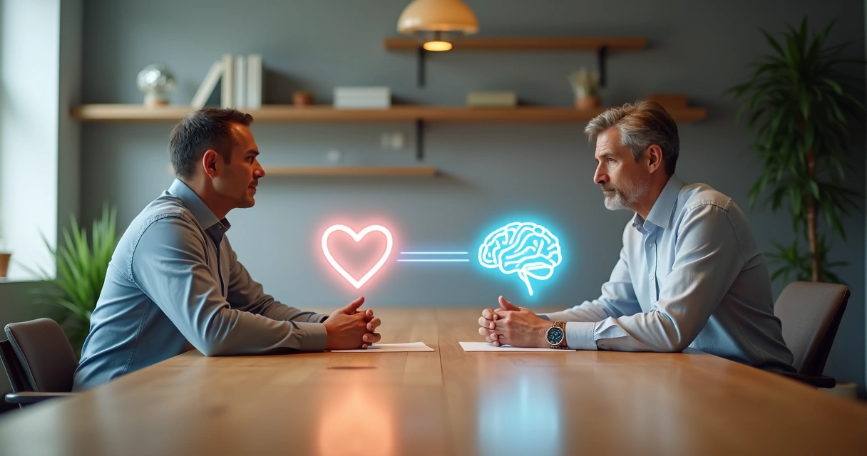 Duas pessoas em lados opostos de uma mesa com linha de luz ligando um coração a um cérebro entre elas 