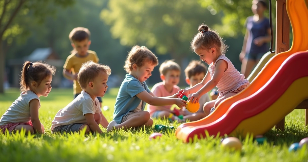 Niños jugando juntos respetando turnos y ayudándose 