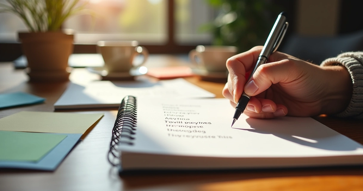 Persona escribiendo una lista de valores en una libreta sobre una mesa 