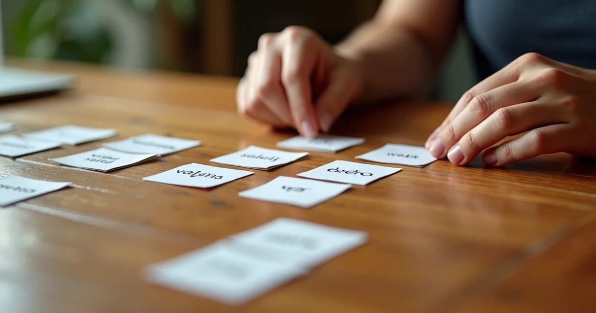 Tarjetas con valores y metas escritas, manos ordenando prioridades 