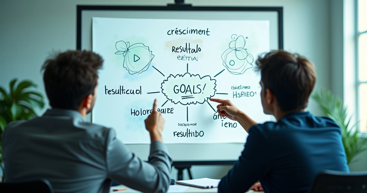 Duas pessoas sentadas em frente a um quadro discutindo metas profissionais 