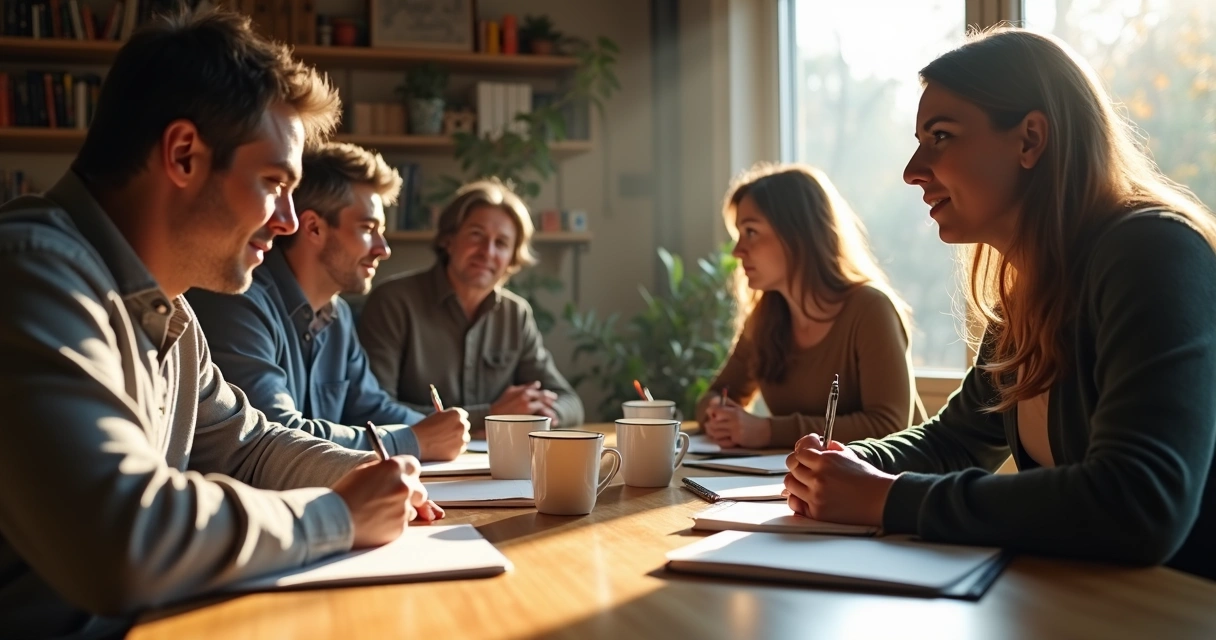 Pessoas sentadas à mesa refletindo e anotando em cadernos 