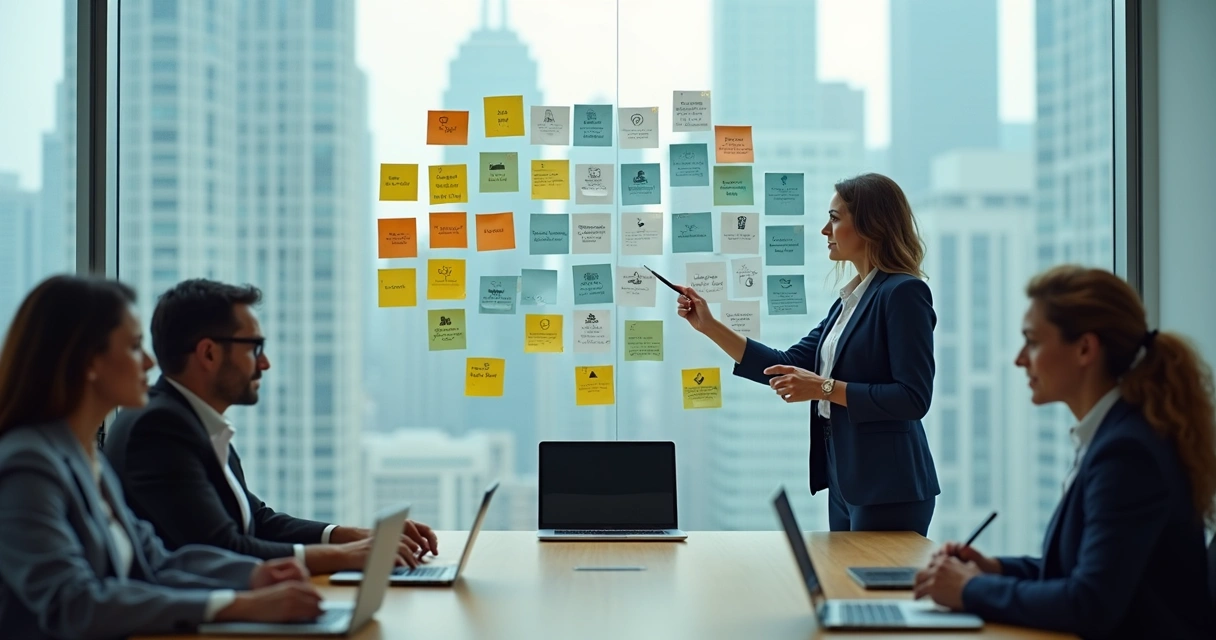 Equipe em reunião analisando mural com valores ocultos na empresa 
