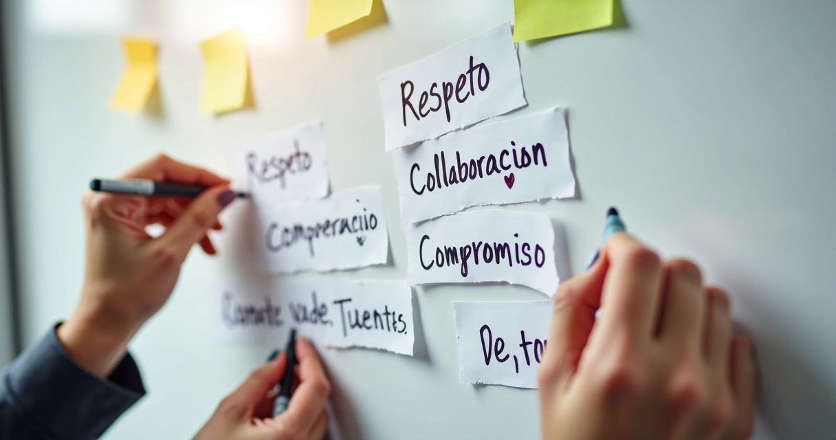 Papeles con palabras de valores en una pizarra pegados por un equipo pequeño 