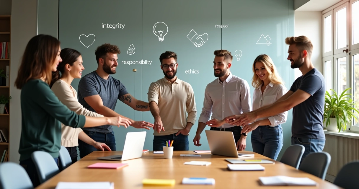 Equipo de trabajo multicultural unido con iconos de valores flotando alrededor 