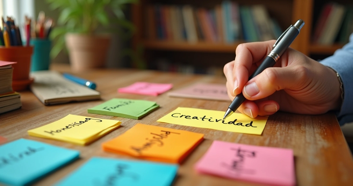 Notas adhesivas agrupadas con diferentes valores escritos 