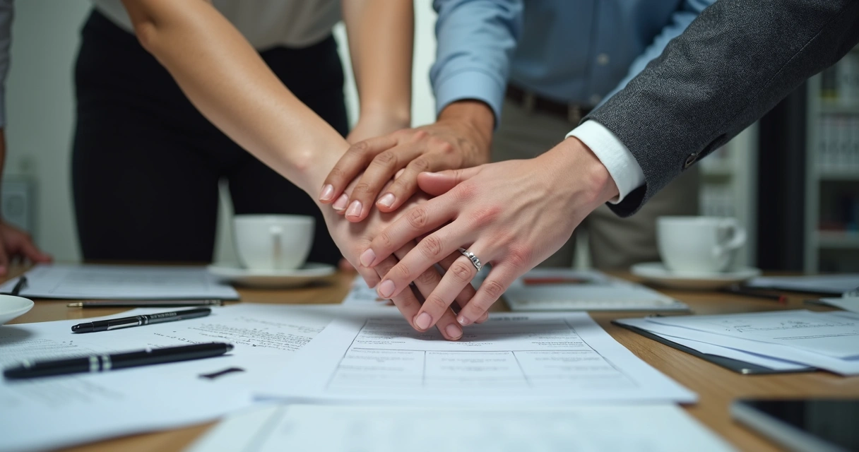 Manos de compañeros de trabajo unidas en el centro de una mesa de oficina 