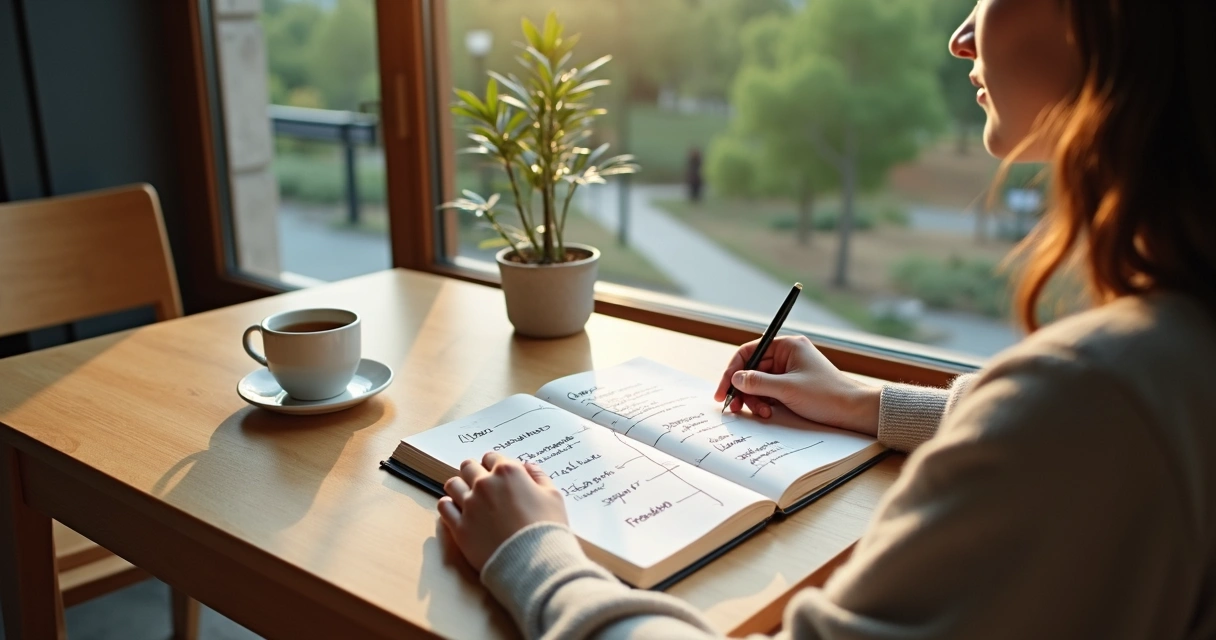 Pessoa refletindo sobre valores pessoais em equilíbrio com bem-estar 