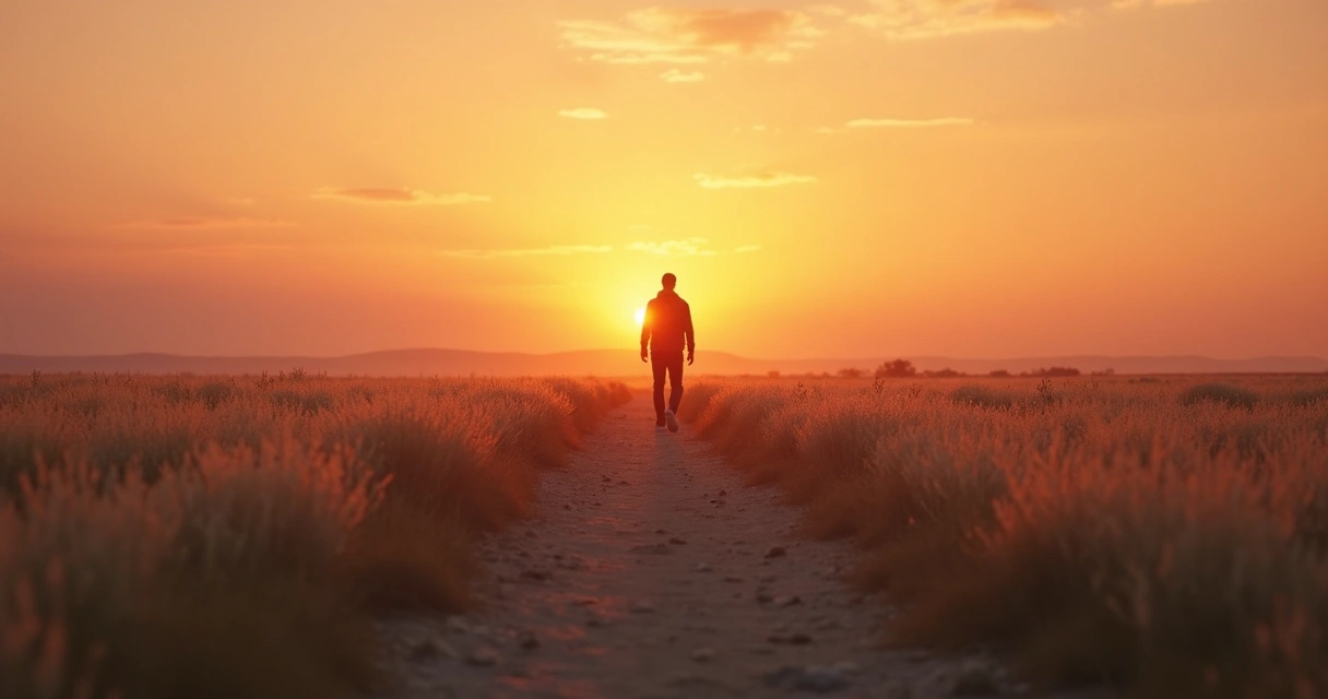 Pessoa caminhando sozinha em um campo aberto durante o pôr do sol, trilha dividida em dois caminhos distintos