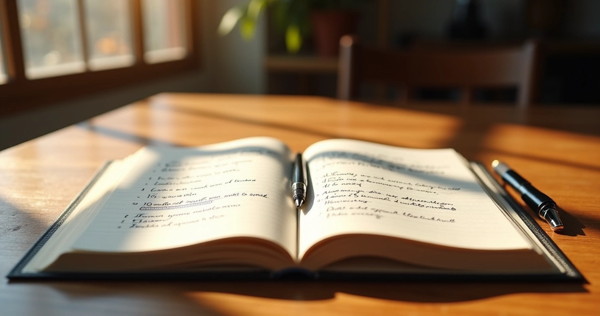 Caderno aberto com anotações de valores pessoais ao lado de caneta
