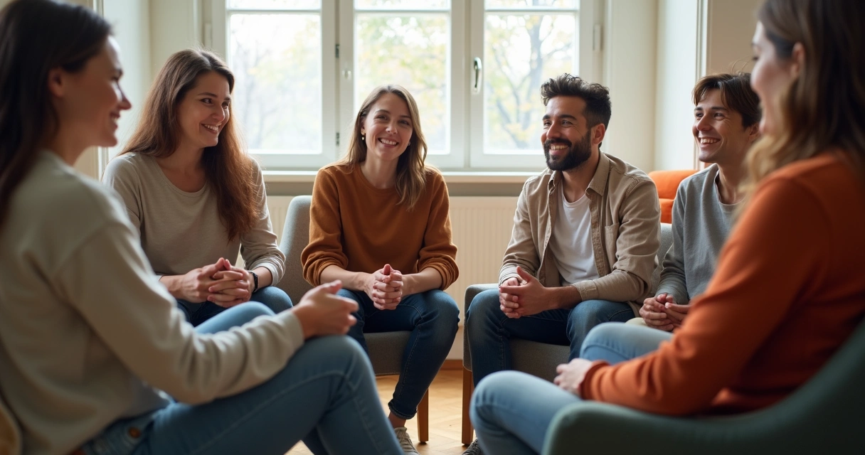 Grupo diverso de pessoas reunidas em círculo, trocando ideias e sorrindo 