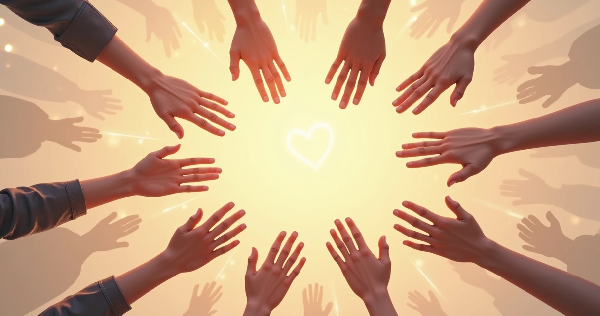 Mãos diversas formando círculo, guias conectando pessoas em fundo claro. 