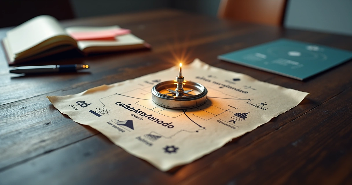 Bússola alinhada a mapa com ícones de cultura organizacional 