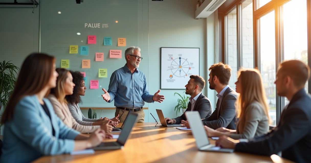 Líder e equipe alinhando valores pessoais em reunião de trabalho moderna 