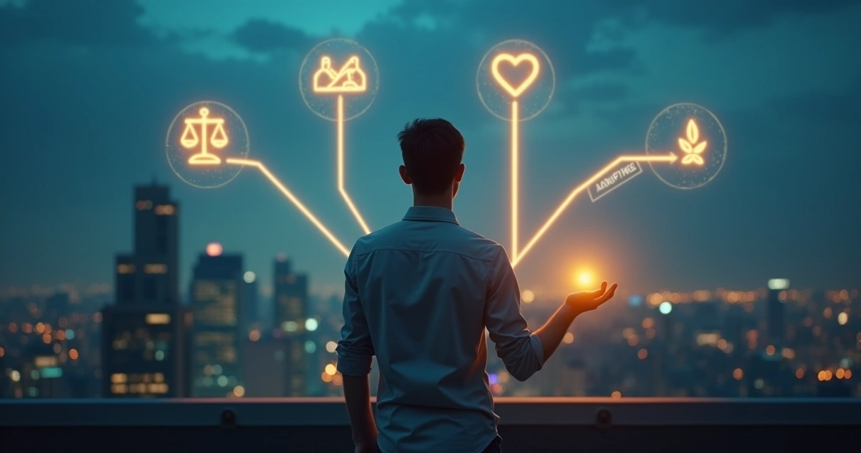 Pessoa em encruzilhada iluminando caminho com símbolos de valores 