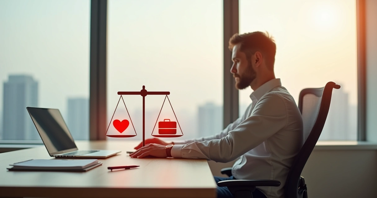 Profissional refletindo em escritório com símbolo de balança entre coração e pasta de trabalho 