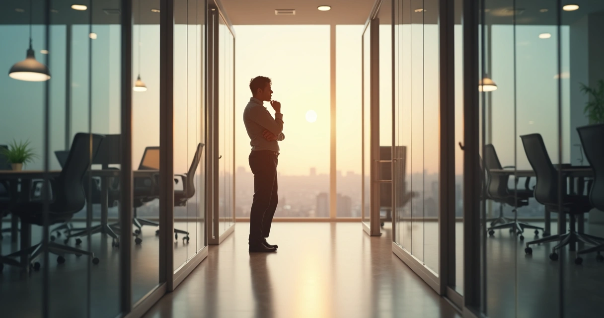 Pessoa refletindo diante de opções em um escritório 