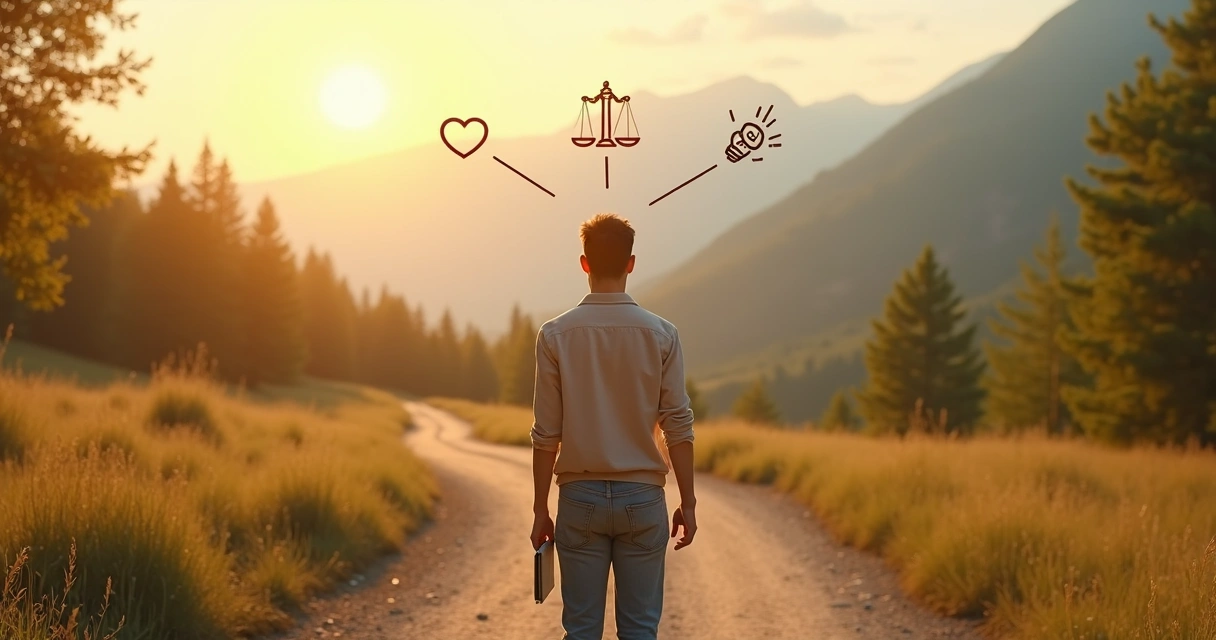 Pessoa em encruzilhada avaliando diferentes caminhos e escolhas 