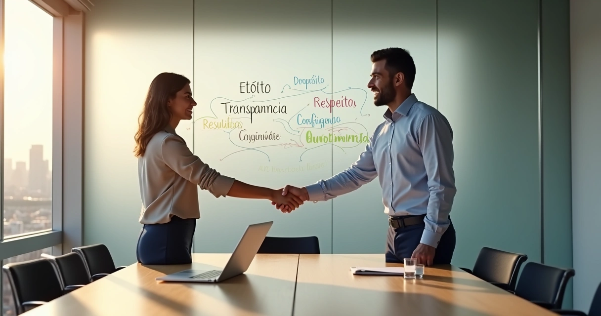 Gestora apertando a mão de profissional diante de mural com palavras de valores alinhados 