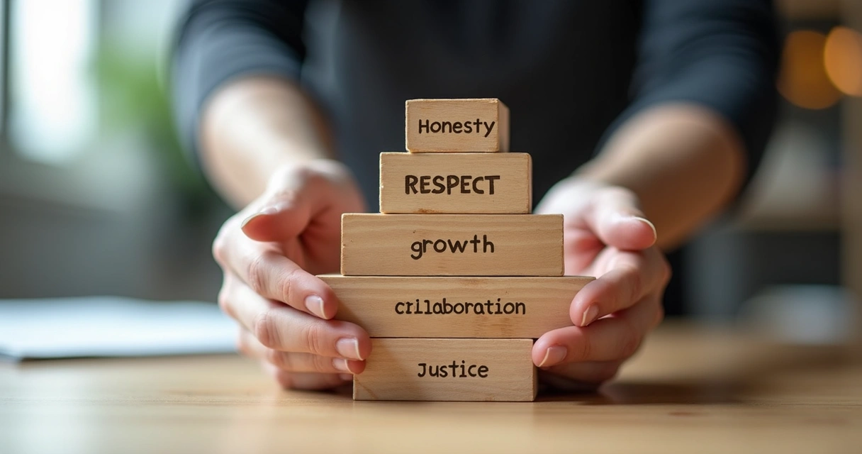 Pessoa segurando blocos de madeira com palavras de valores escritos 