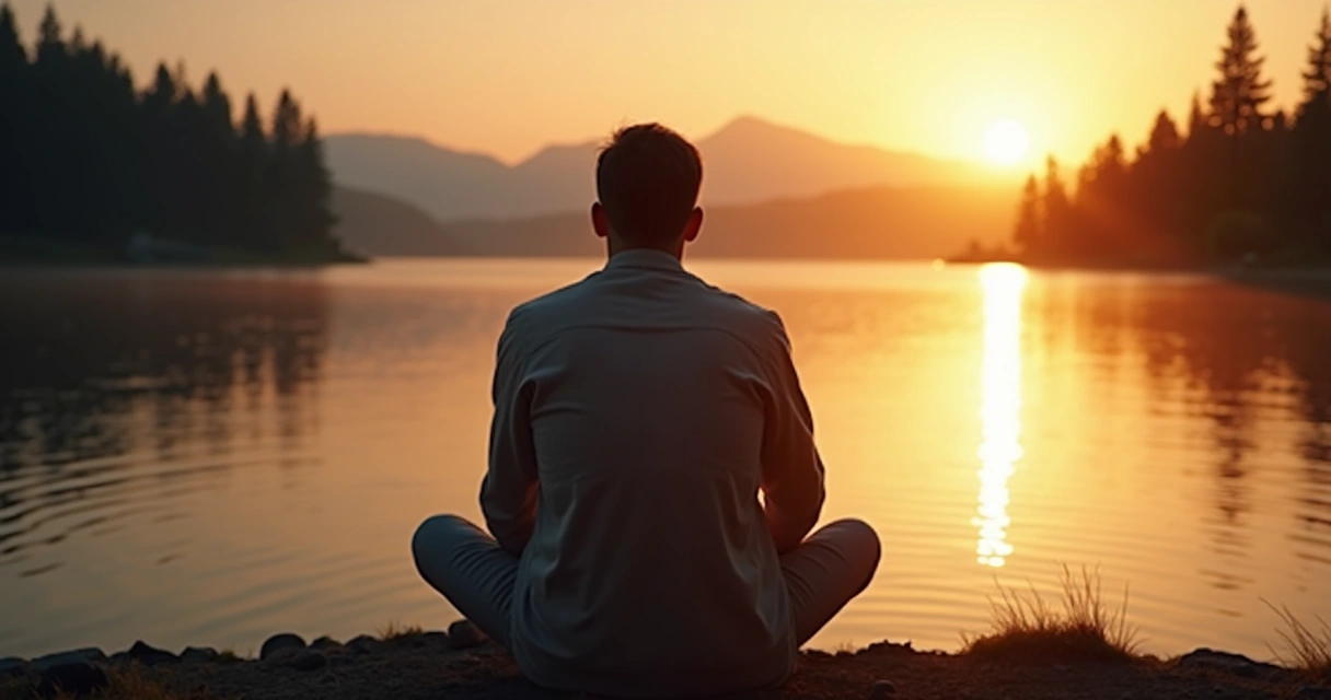 Pessoa refletindo sentada em frente a um lago tranquilo ao entardecer. 
