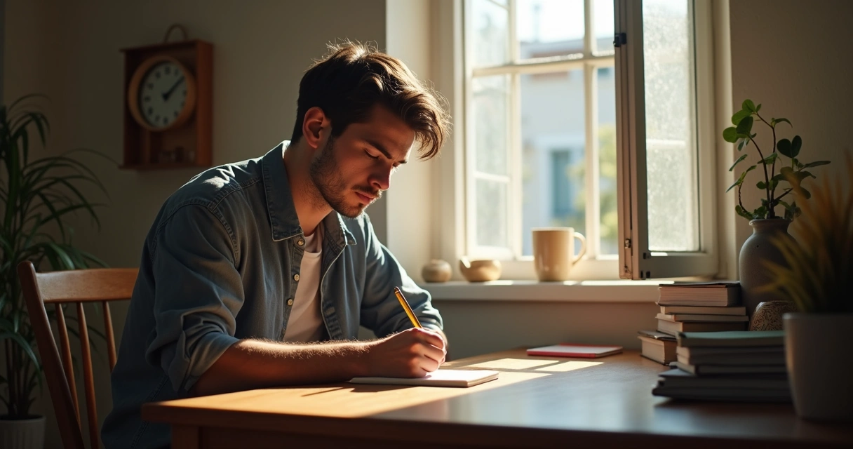 Pessoa refletindo sozinha diante de um caderno e janela aberta 