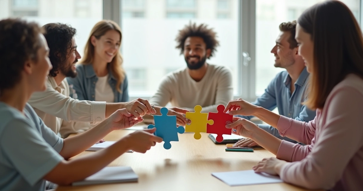 Grupo de pessoas em círculo conectando peças de quebra-cabeça coloridas no centro de uma mesa 
