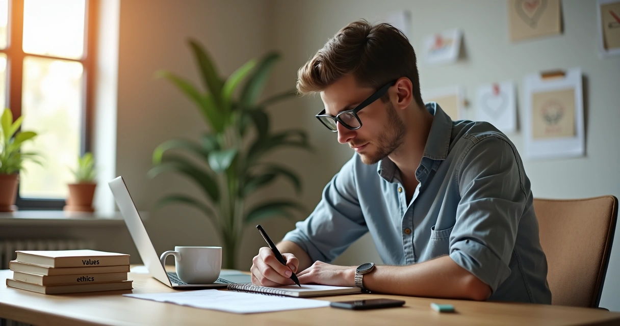 Profissional sentado à mesa alinhando objetivos pessoais e trabalho em ambiente moderno 