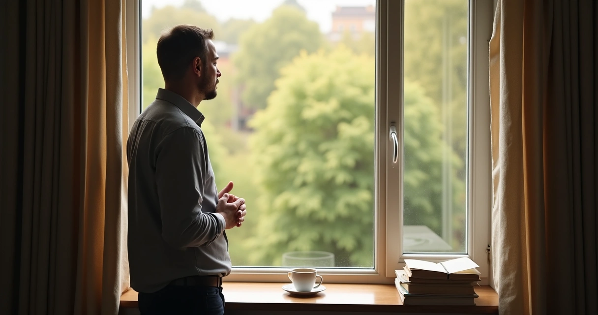 Pessoa refletindo diante de janela com livros e paisagem