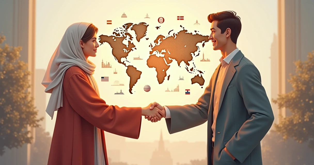 Duas pessoas trocando um aperto de mão, com símbolos culturais ao fundo