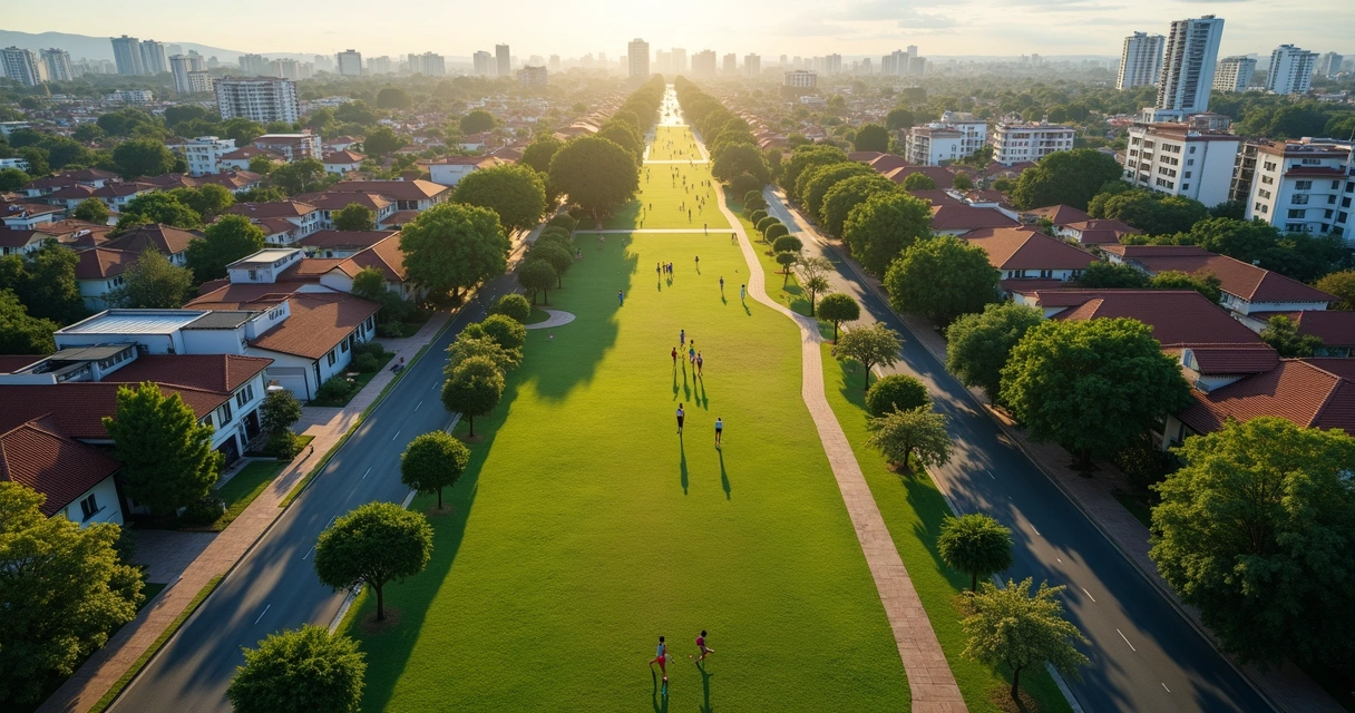 Vista aérea de bairro residencial com áreas verdes em Campinas 