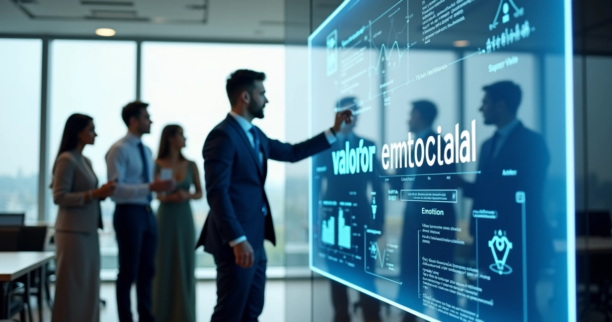 Líder de negócios escrevendo valor emocional em tela digital com equipe ao fundo 