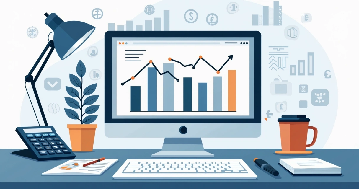 Ilustração corporativa mostrando gráficos de valuation, calculadora e documentos financeiros em mesa organizada 