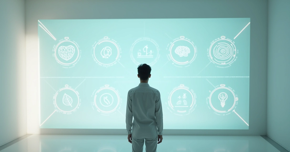 Pessoa em pé diante de painel com indicadores de desenvolvimento humano 