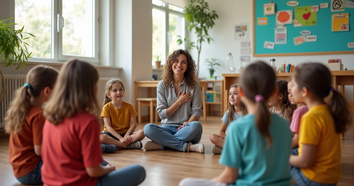 Professor em círculo com alunos em sala de aula acolhedora 