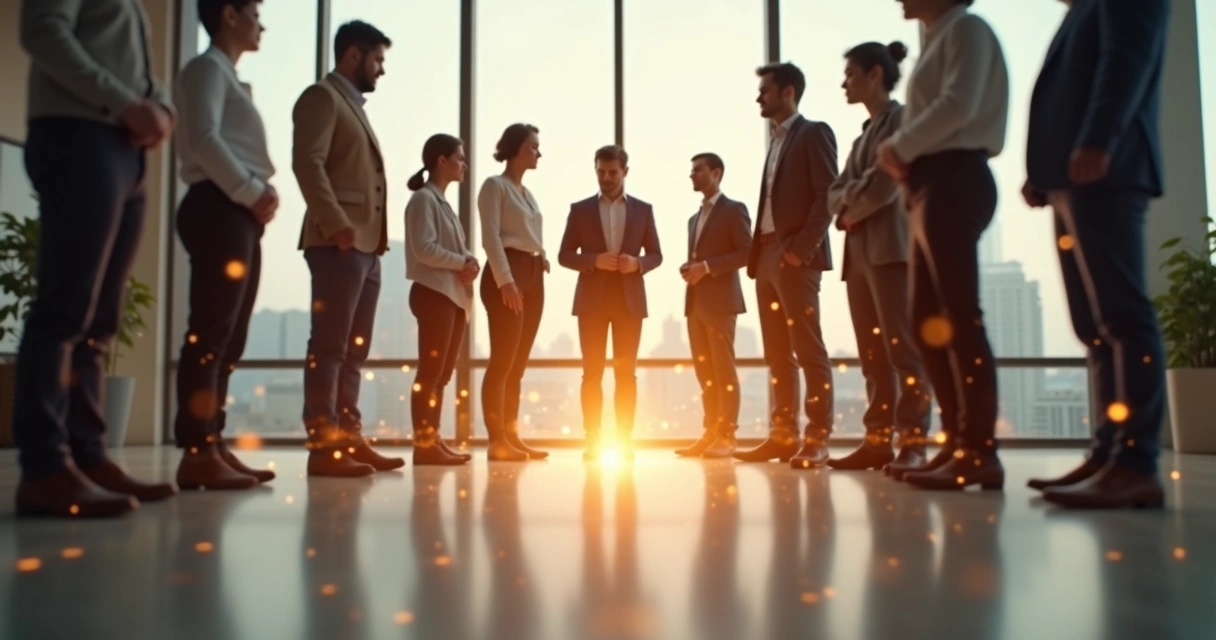 Grupo diverso conectado por luz representando impacto humano além do econômico 