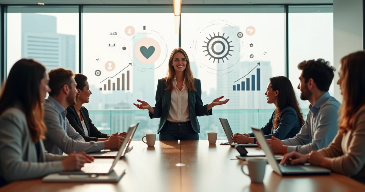 Equipe diversa em reunião colaborativa em escritório moderno com gráficos suaves ao fundo 