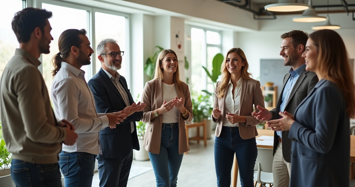 Cena de líderes e colaboradores sorrindo, trocando ideias em pé 