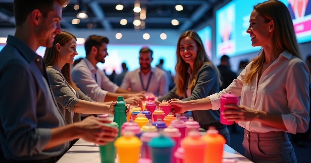 Mesa vibrante com brindes promocionais personalizados como coqueteleiras, garrafas térmicas e copos coloridos, ao redor pessoas em ação de agradecimento e atendimento especial em evento 