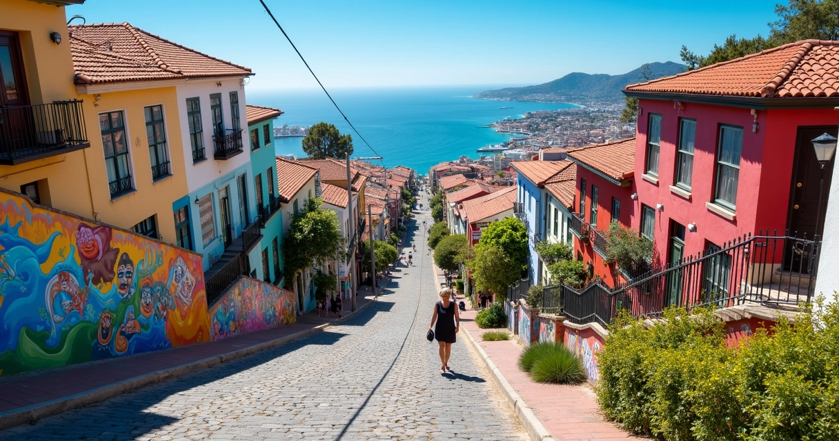 Murais coloridos subindo pelas escadarias e casas de Valparaíso 