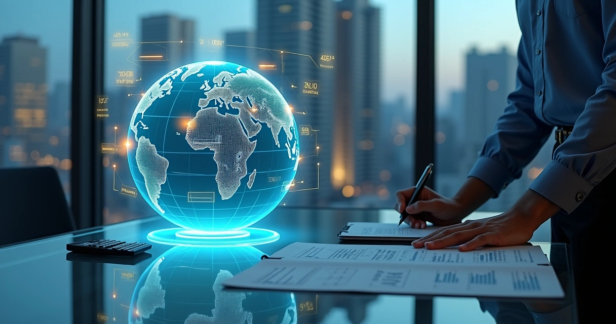 Executivo analisa globo iluminado com conexões financeiras internacionais 