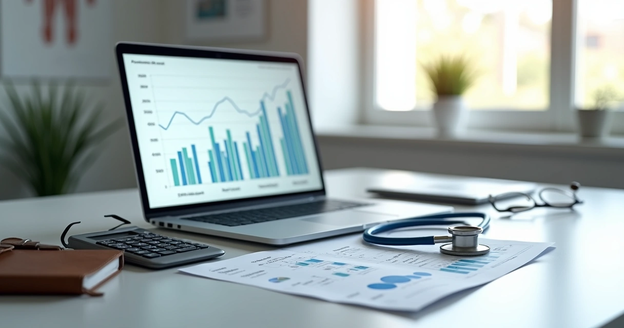 Análise financeira de clínica médica com estetoscópio sobre relatórios e gráficos 