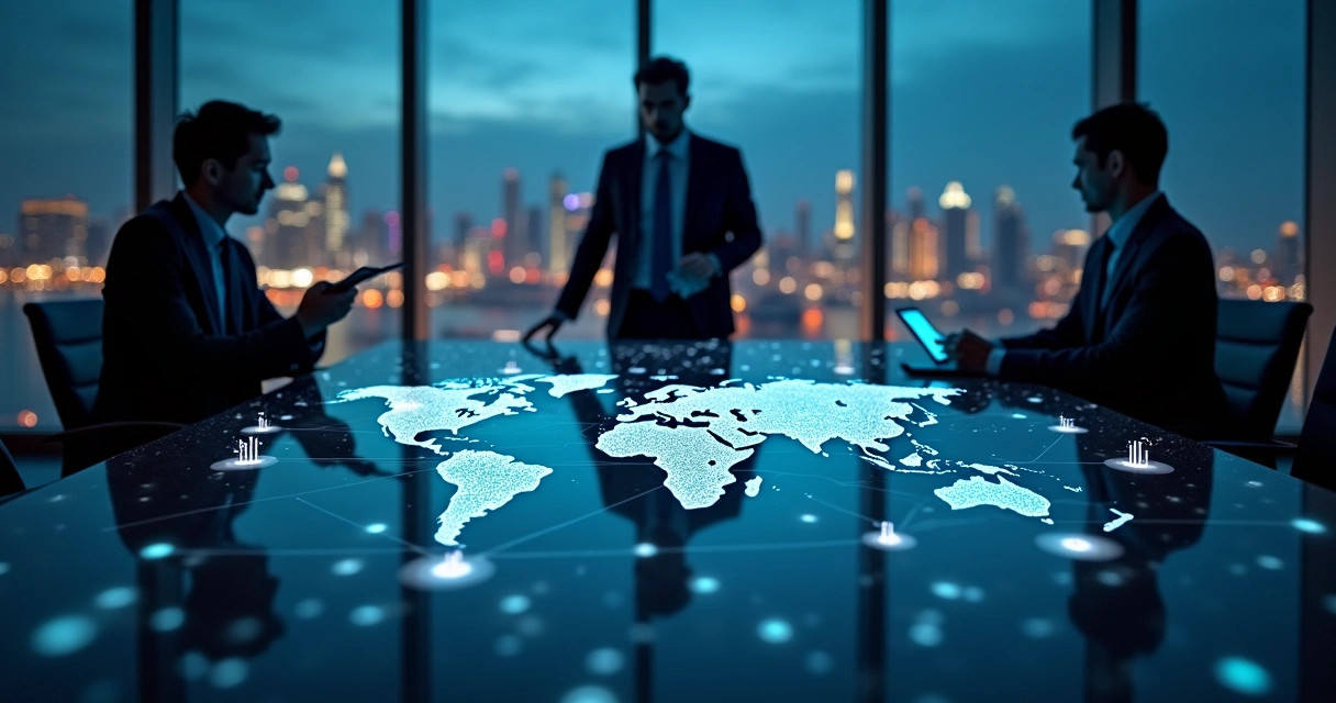 Mapa-múndi iluminado com linhas conectando sedes corporativas em diferentes países 