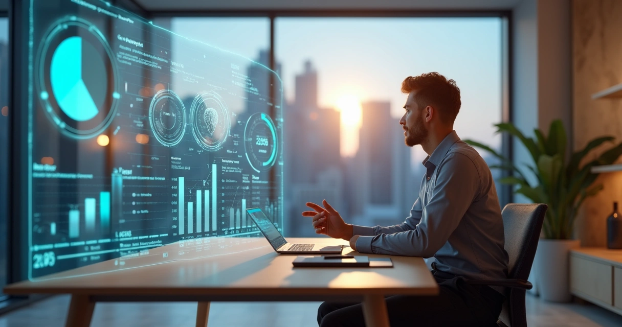 Executivo avaliando ativos emocionais intangíveis em painel digital futurista 