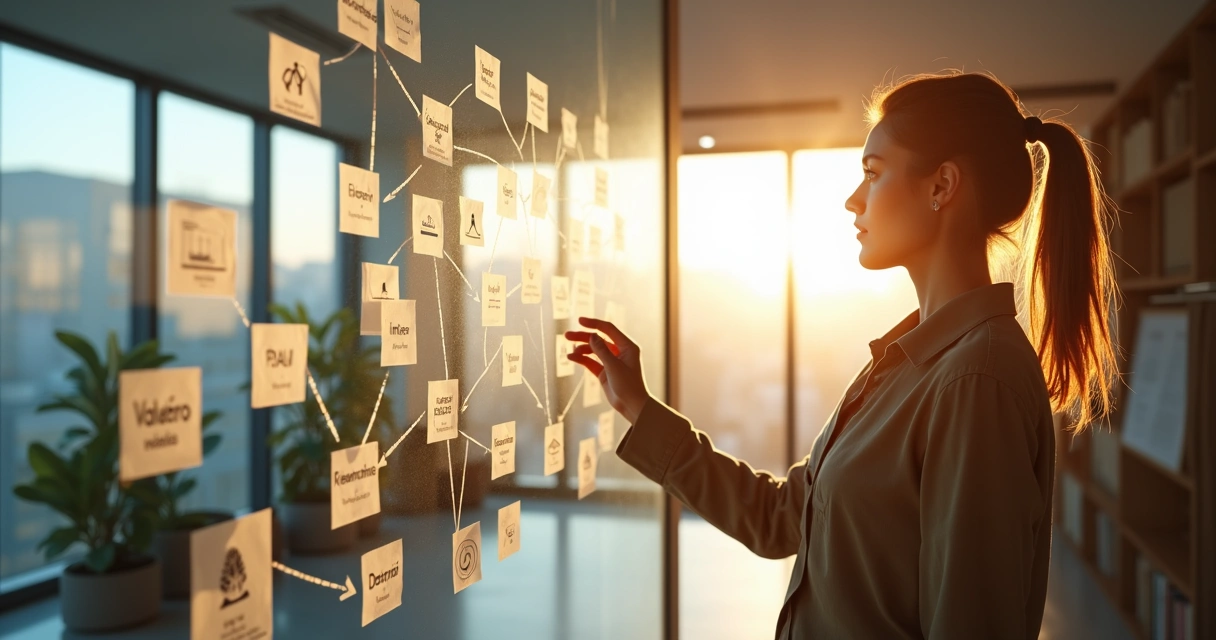 Pessoa refletindo diante de painel com símbolos de autoconhecimento e impacto humano consciente 