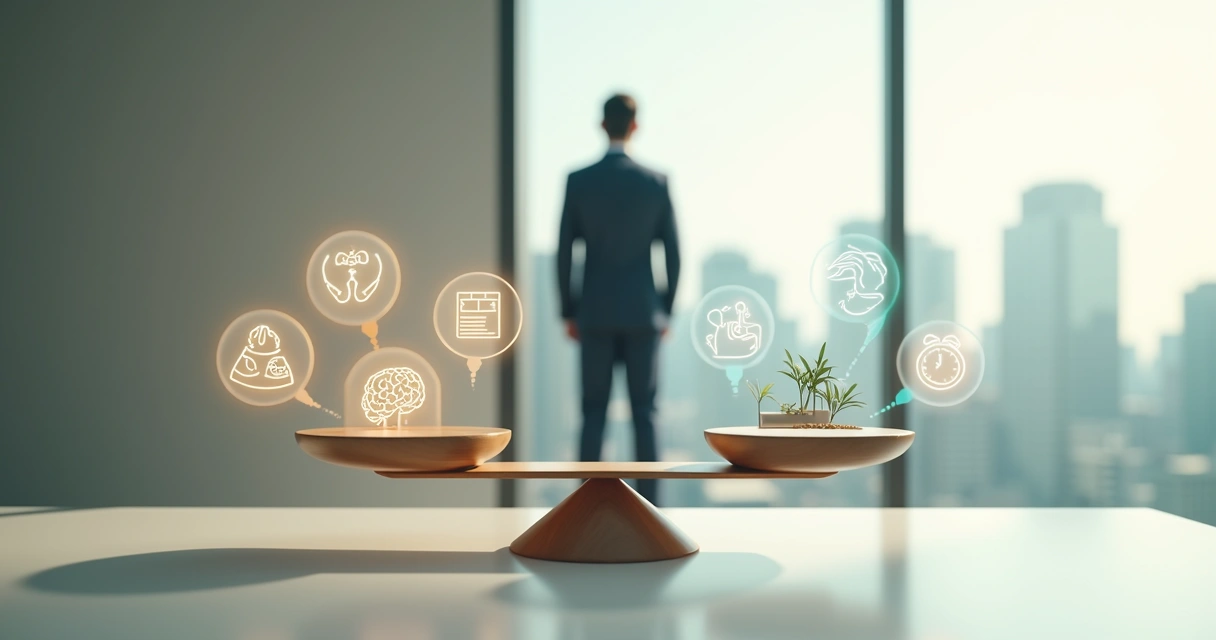 Pessoa em pé diante de uma balança simbólica avaliando seu valor pessoal 