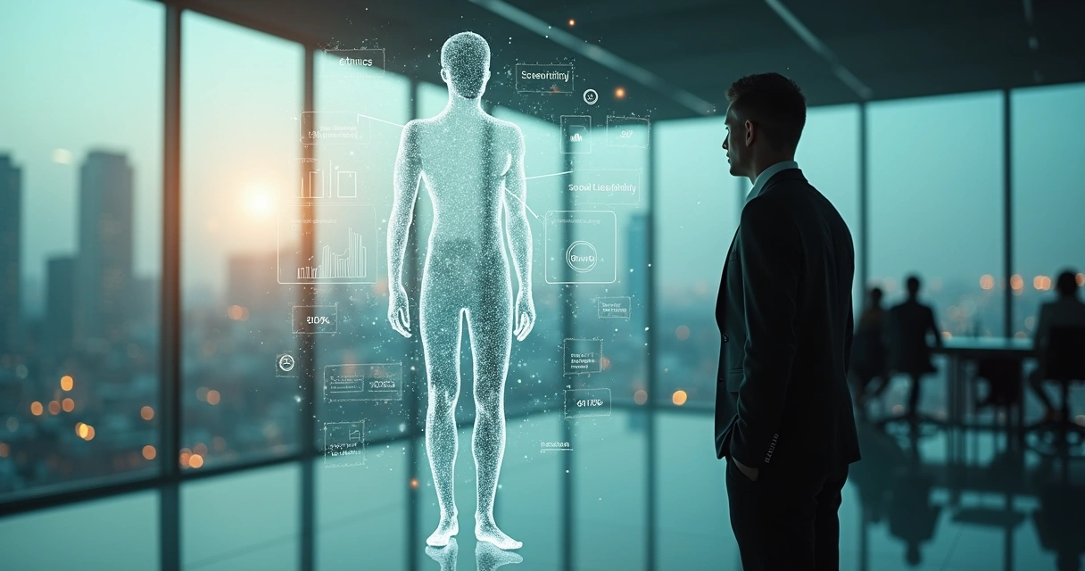 Executivo observando silhueta humana formada por dados digitais e conexões 
