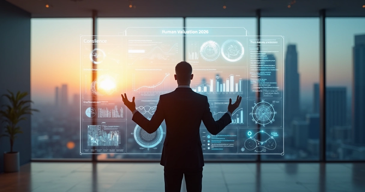 Pessoa em pé diante de painel luminoso avaliando impacto humano e indicadores em 2026 