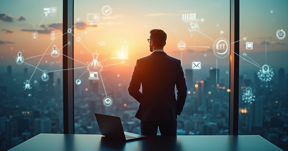 Executivo observando cidade com gráficos digitais sobrepostos representando valuation humano em tempos de crise 